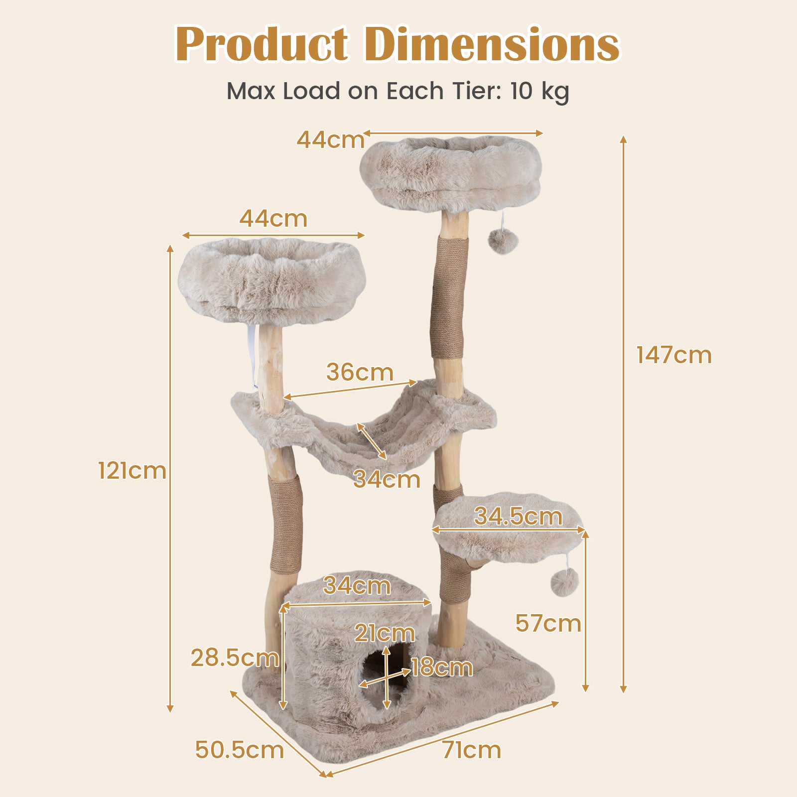 147cm Cat Tree Tower with Cat Cave, Hanging Hammock & 3 Platforms