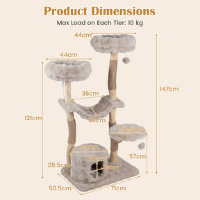 147cm Cat Tree Tower with Cat Cave, Hanging Hammock & 3 Platforms