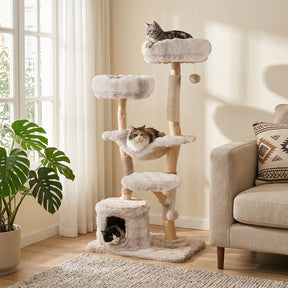 147cm Cat Tree Tower with Cat Cave, Hanging Hammock & 3 Platforms