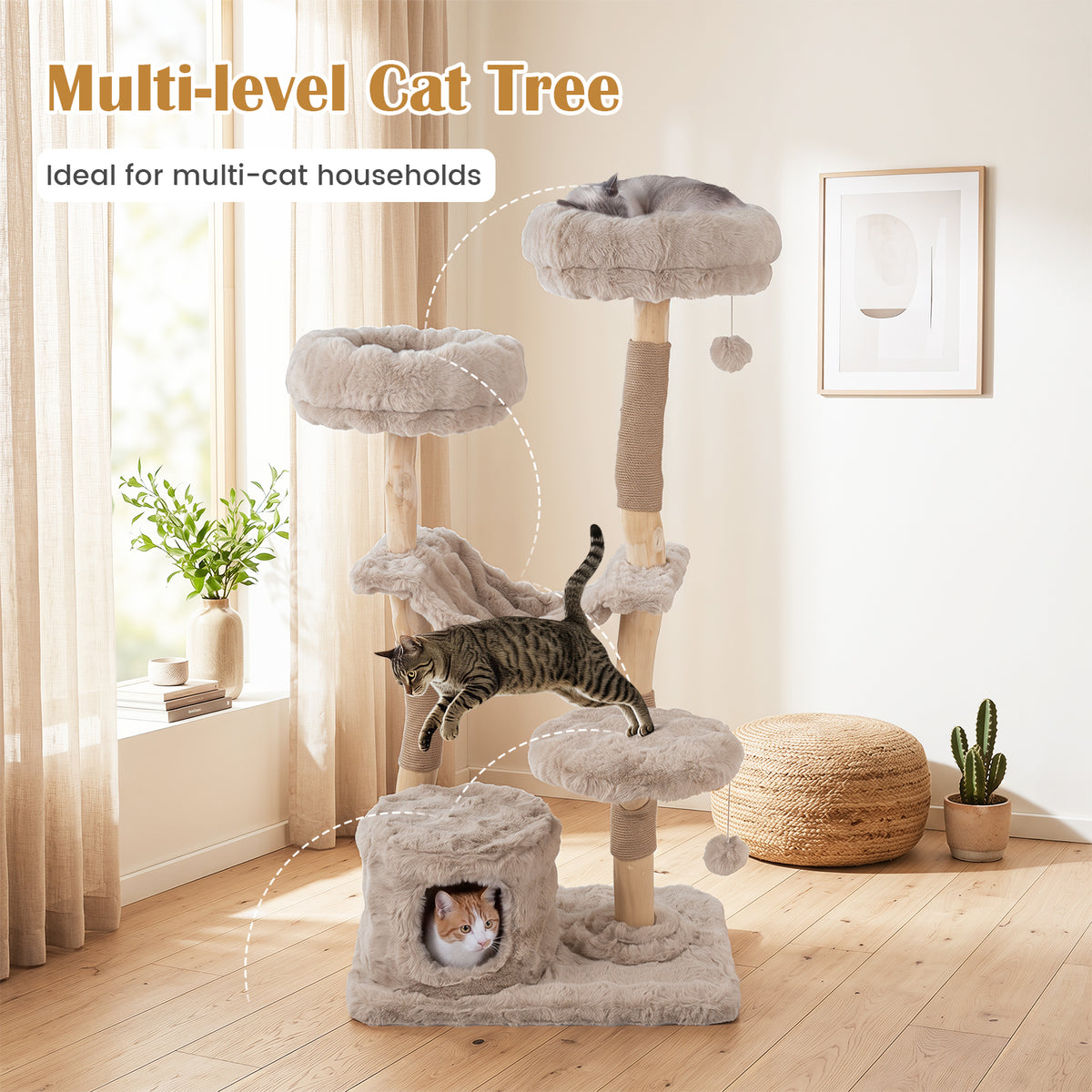 147cm Cat Tree Tower with Cat Cave, Hanging Hammock & 3 Platforms
