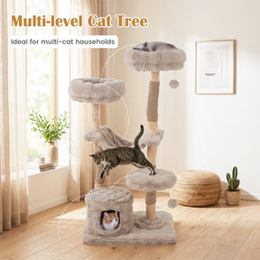147cm Cat Tree Tower with Cat Cave, Hanging Hammock & 3 Platforms