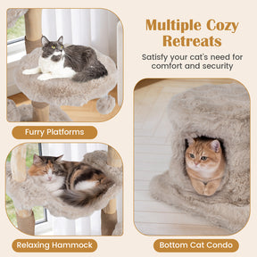 147cm Cat Tree Tower with Cat Cave, Hanging Hammock & 3 Platforms