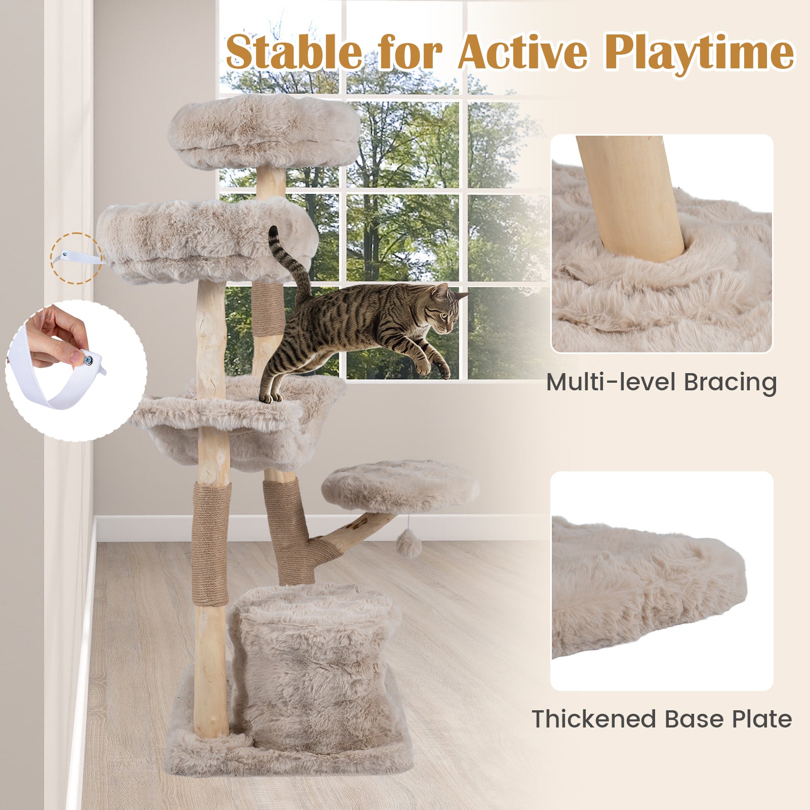 147cm Cat Tree Tower with Cat Cave, Hanging Hammock & 3 Platforms