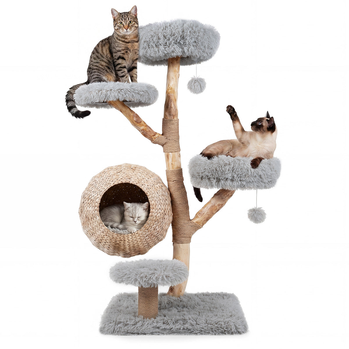 5-Tier Cat Tree, 134cm Wooden Cat Tower with Woven Cat Condo, Plush Perches