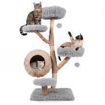 5-Tier Cat Tree, 134cm Wooden Cat Tower with Woven Cat Condo, Plush Perches
