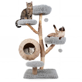 5-Tier Cat Tree, 134cm Wooden Cat Tower with Woven Cat Condo, Plush Perches