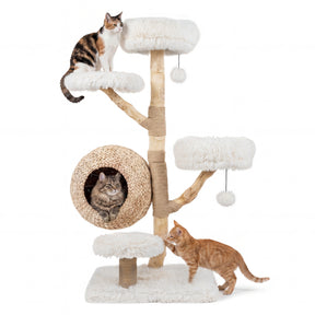 5-Tier Cat Tree, 134cm Wooden Cat Tower with Woven Cat Condo, Plush Perches