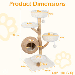 5-Tier Cat Tree, 134cm Wooden Cat Tower with Woven Cat Condo, Plush Perches
