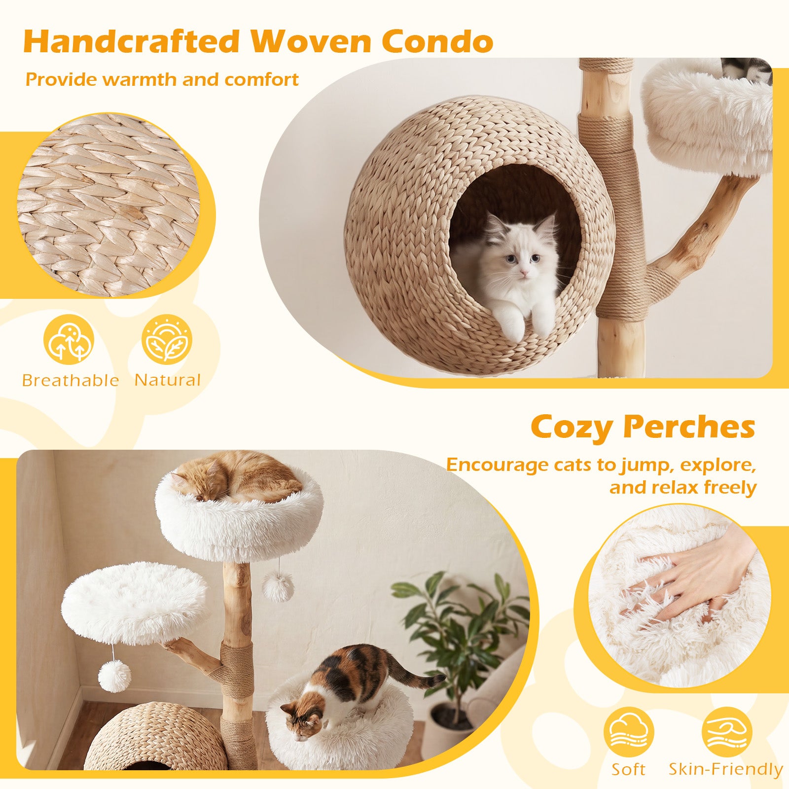5-Tier Cat Tree, 134cm Wooden Cat Tower with Woven Cat Condo, Plush Perches