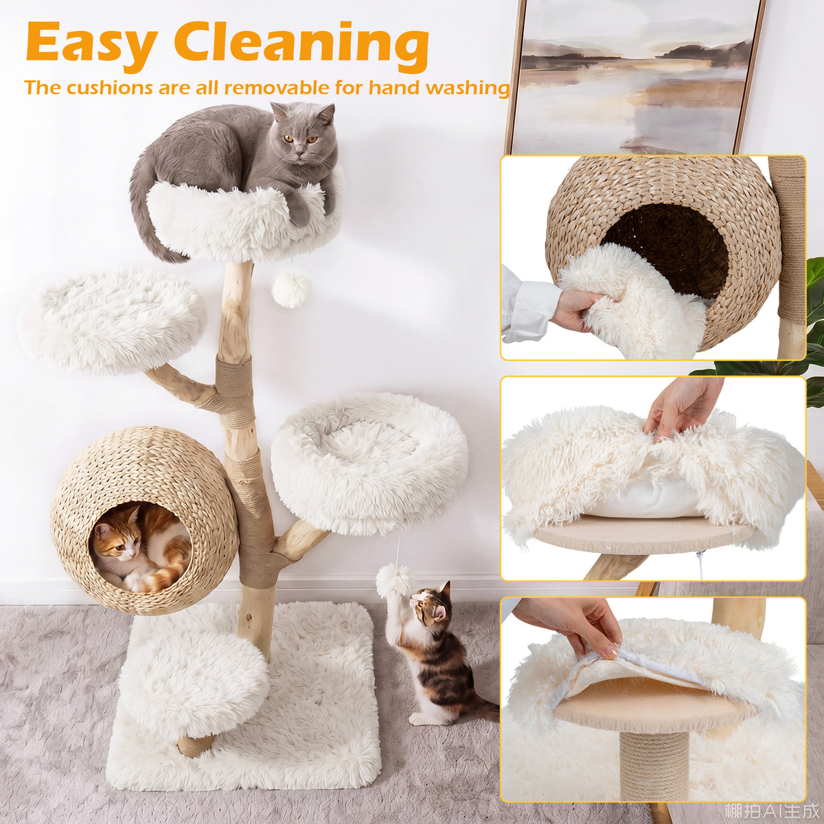 5-Tier Cat Tree, 134cm Wooden Cat Tower with Woven Cat Condo, Plush Perches