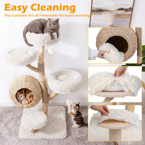 5-Tier Cat Tree, 134cm Wooden Cat Tower with Woven Cat Condo, Plush Perches
