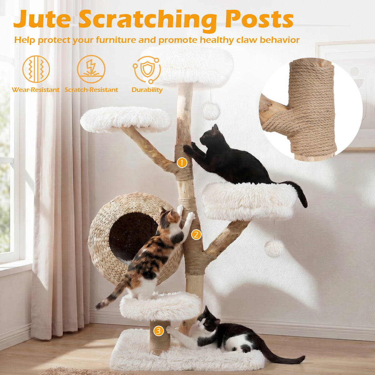 5-Tier Cat Tree, 134cm Wooden Cat Tower with Woven Cat Condo, Plush Perches