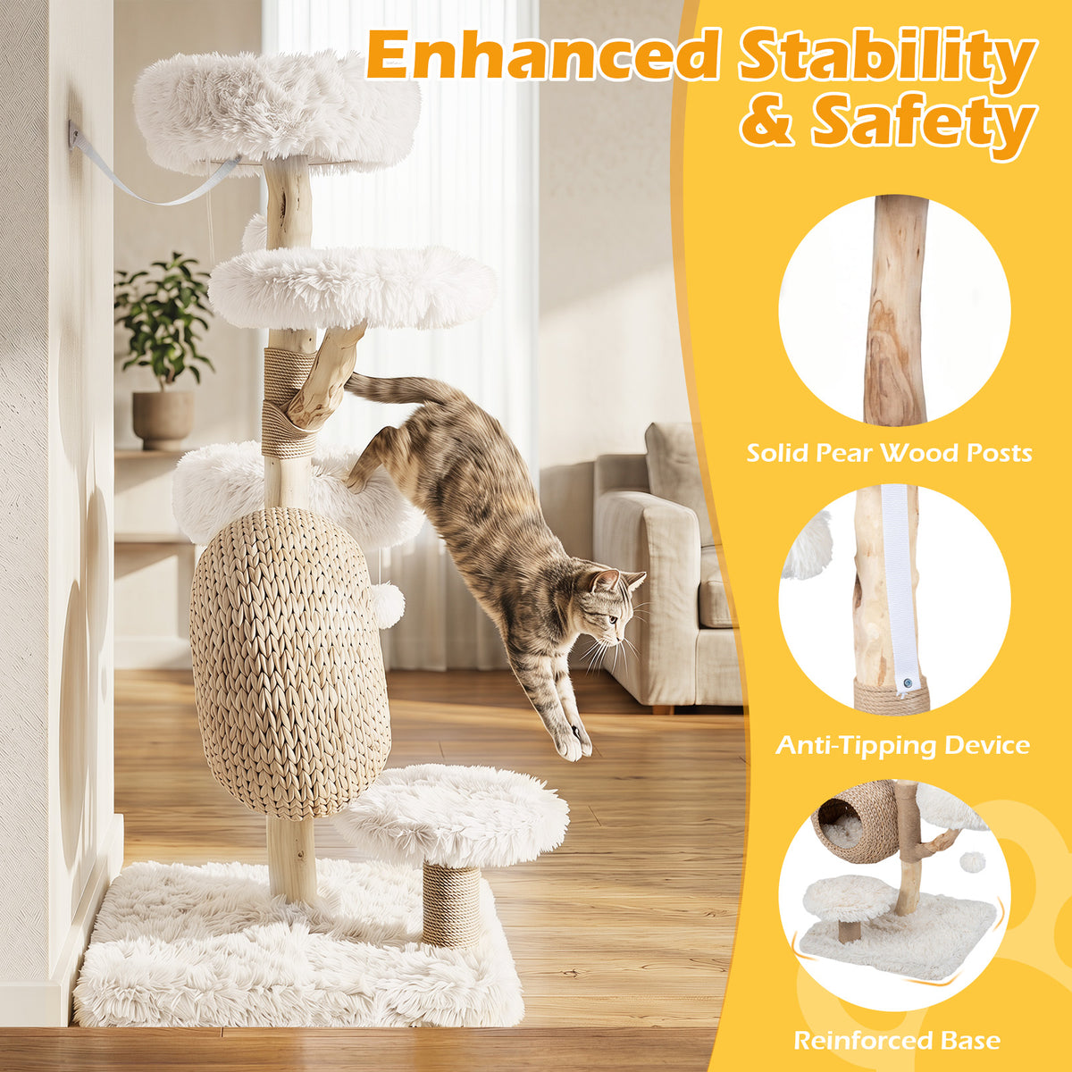 5-Tier Cat Tree, 134cm Wooden Cat Tower with Woven Cat Condo, Plush Perches