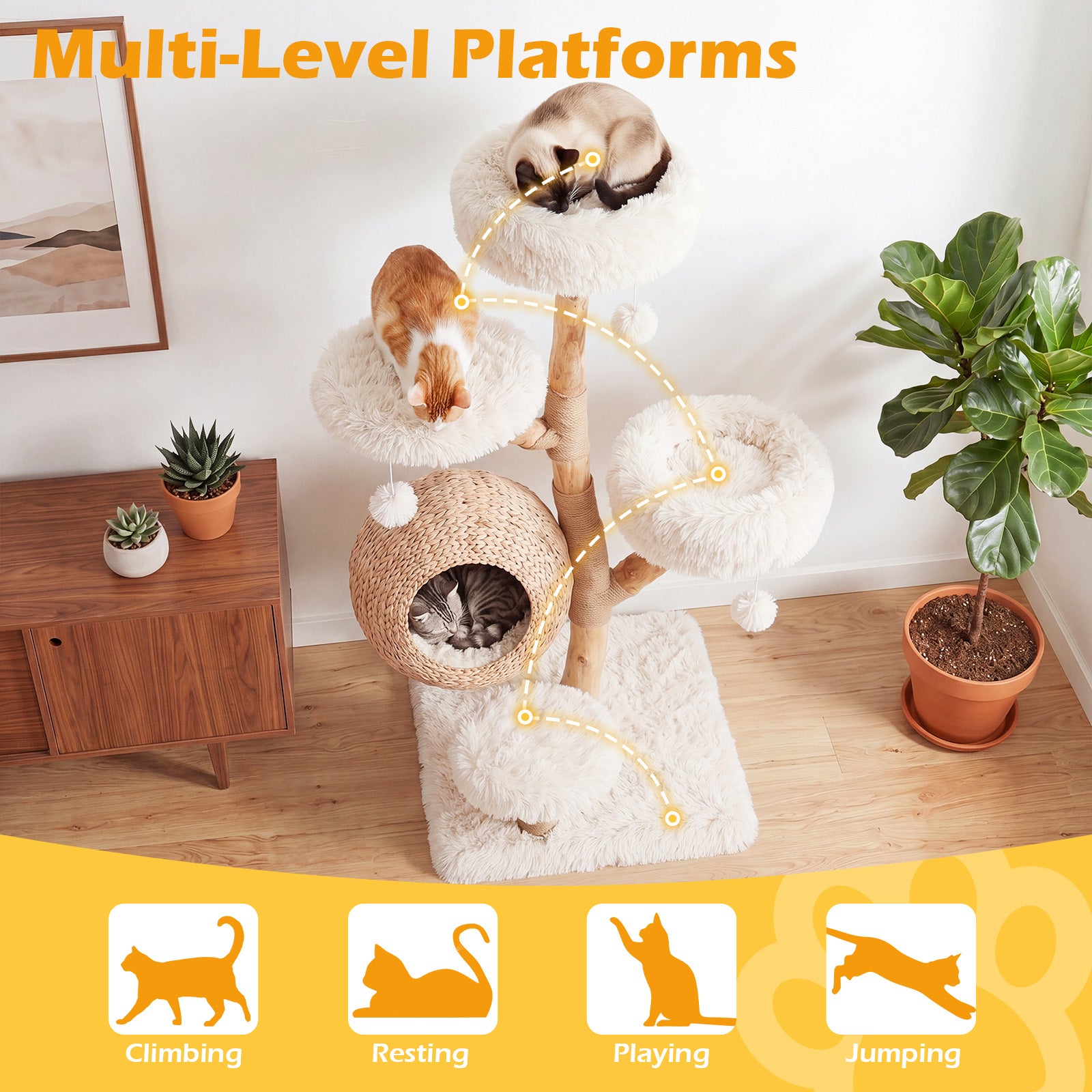 5-Tier Cat Tree, 134cm Wooden Cat Tower with Woven Cat Condo, Plush Perches