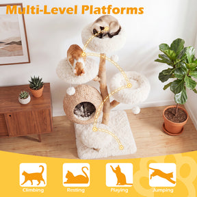 5-Tier Cat Tree, 134cm Wooden Cat Tower with Woven Cat Condo, Plush Perches