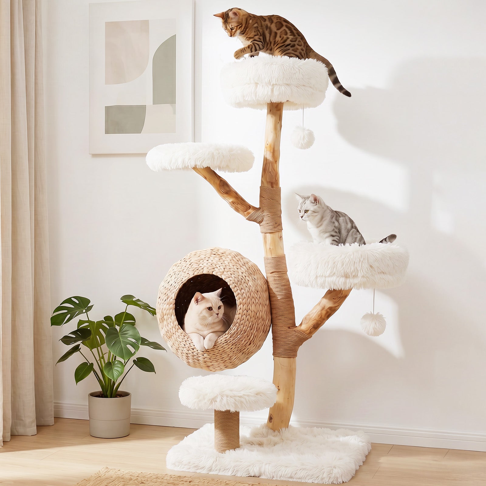 5-Tier Cat Tree, 134cm Wooden Cat Tower with Woven Cat Condo, Plush Perches