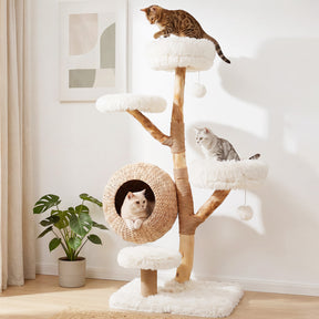 5-Tier Cat Tree, 134cm Wooden Cat Tower with Woven Cat Condo, Plush Perches