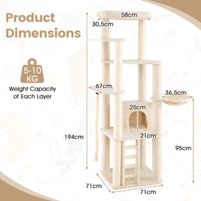 Modern Cat Tree for Indoor Cats, 194 cm Tall Multi-Level Cat Tower