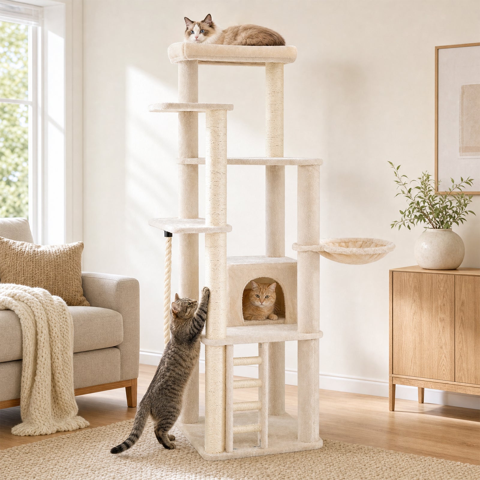 Modern Cat Tree for Indoor Cats, 194 cm Tall Multi-Level Cat Tower