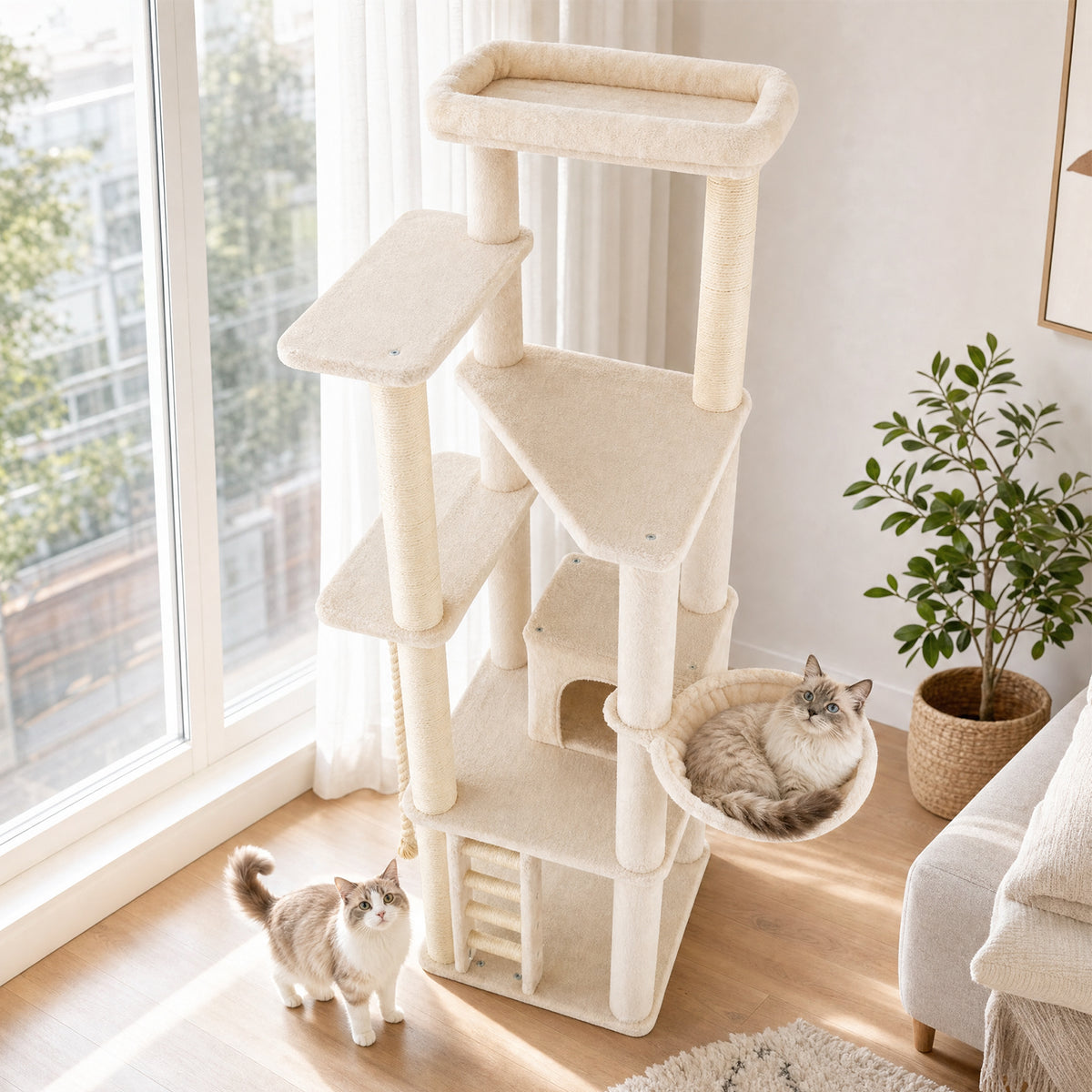 Modern Cat Tree for Indoor Cats, 194 cm Tall Multi-Level Cat Tower