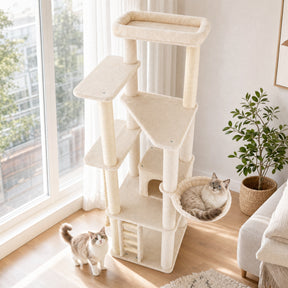 Modern Cat Tree for Indoor Cats, 194 cm Tall Multi-Level Cat Tower