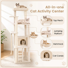 Modern Cat Tree for Indoor Cats, 194 cm Tall Multi-Level Cat Tower