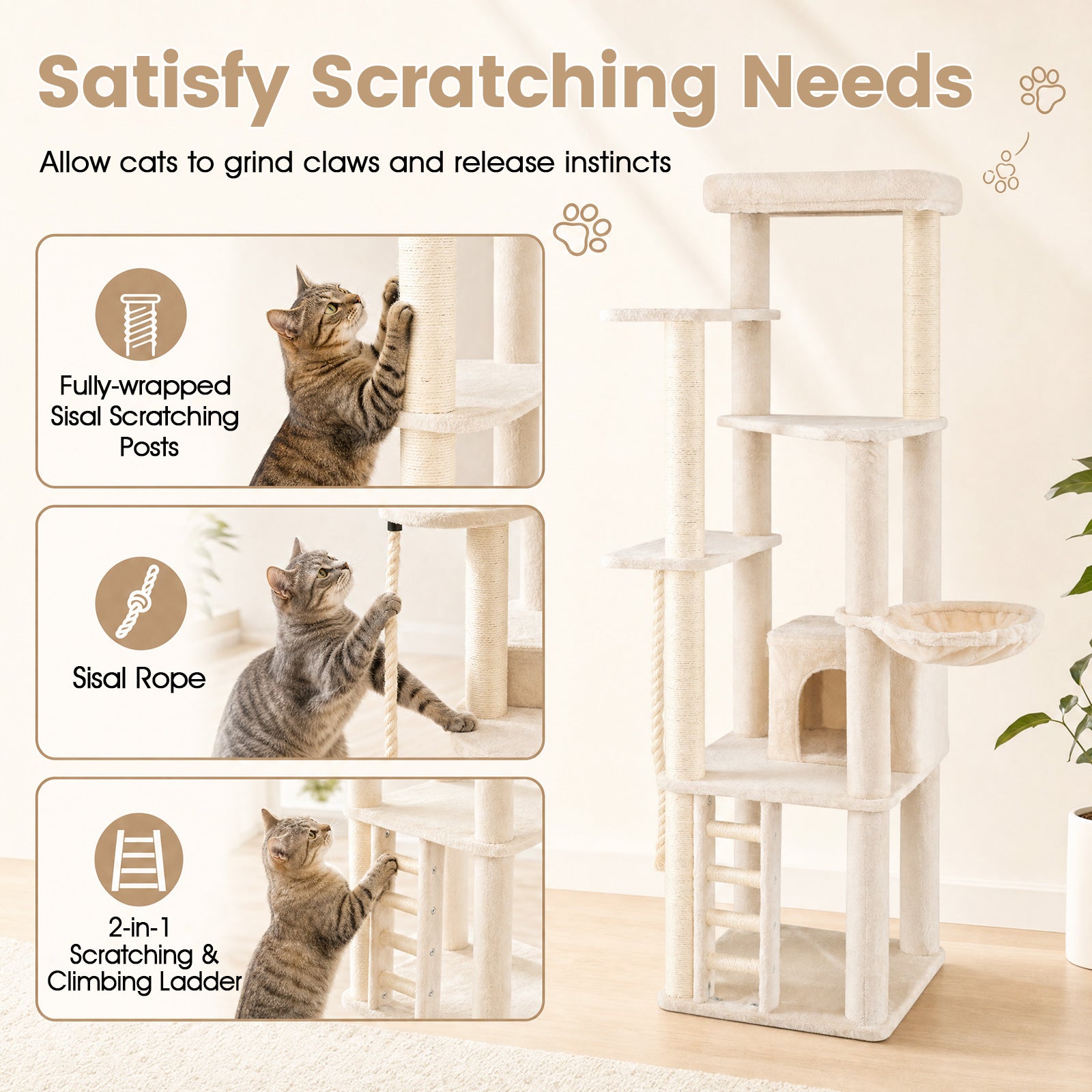 Modern Cat Tree for Indoor Cats, 194 cm Tall Multi-Level Cat Tower