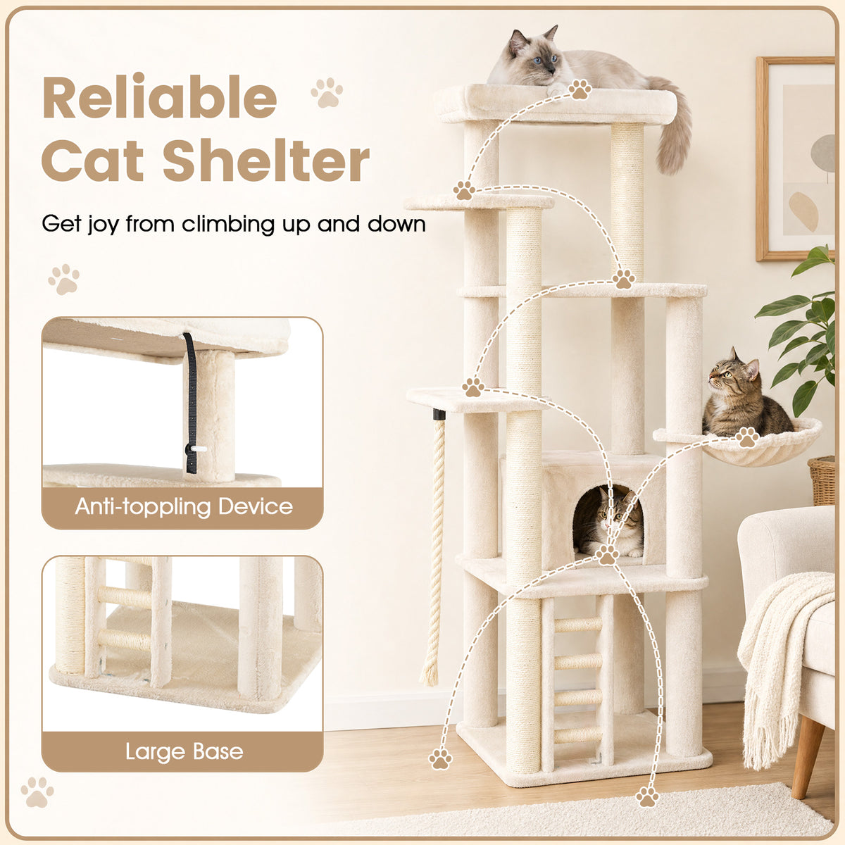 Modern Cat Tree for Indoor Cats, 194 cm Tall Multi-Level Cat Tower