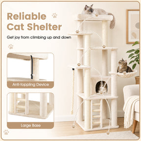Modern Cat Tree for Indoor Cats, 194 cm Tall Multi-Level Cat Tower