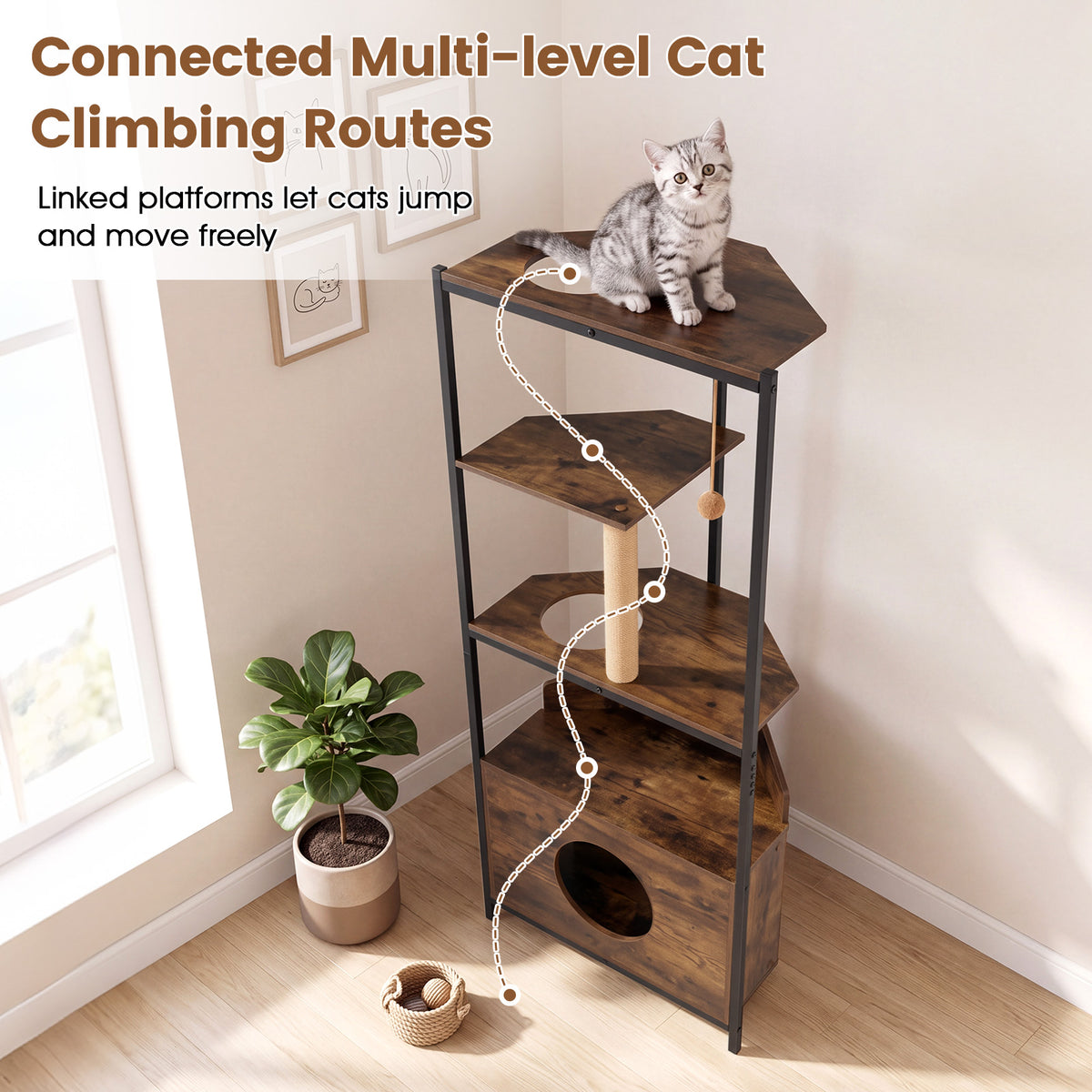 Corner Cat Tree w/Scratching Post & Playing Ball