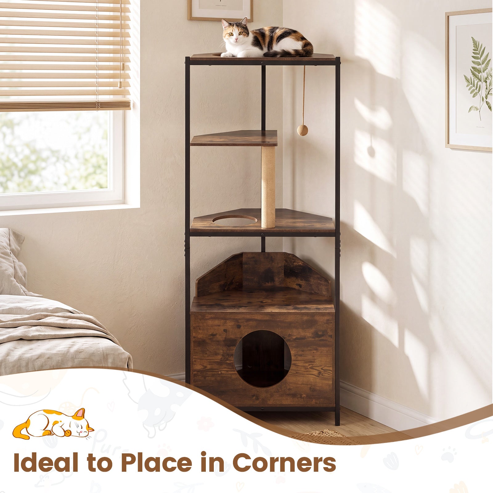 Corner Cat Tree w/Scratching Post & Playing Ball