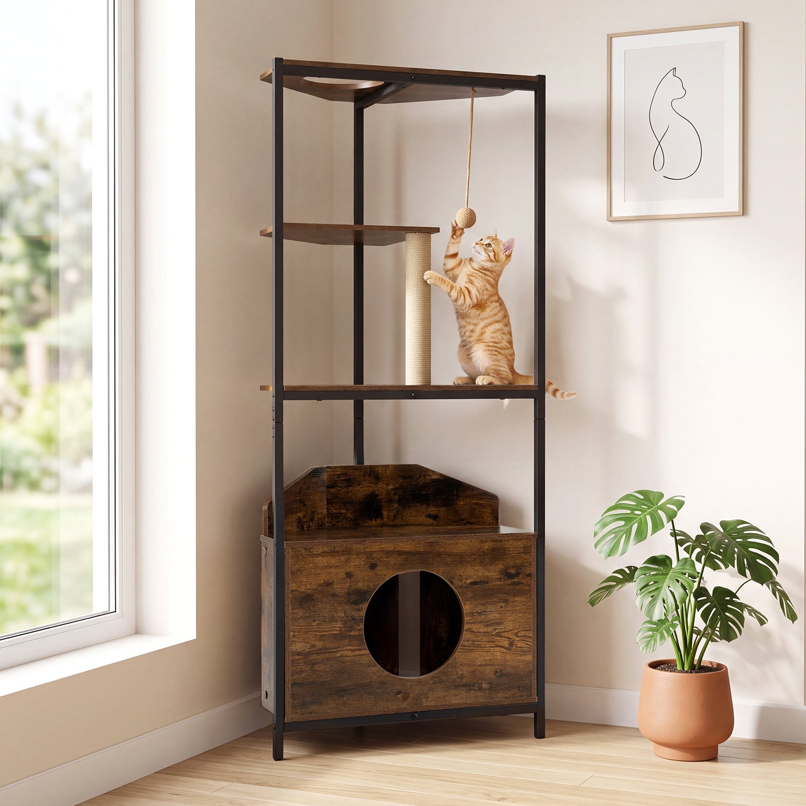 Corner Cat Tree w/Scratching Post & Playing Ball