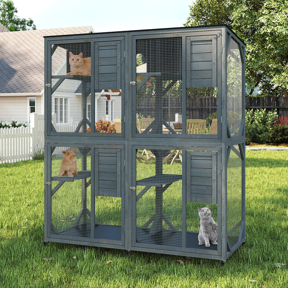 Spacious Fir Wood Outdoor Cat Enclosure for Multiple Cats