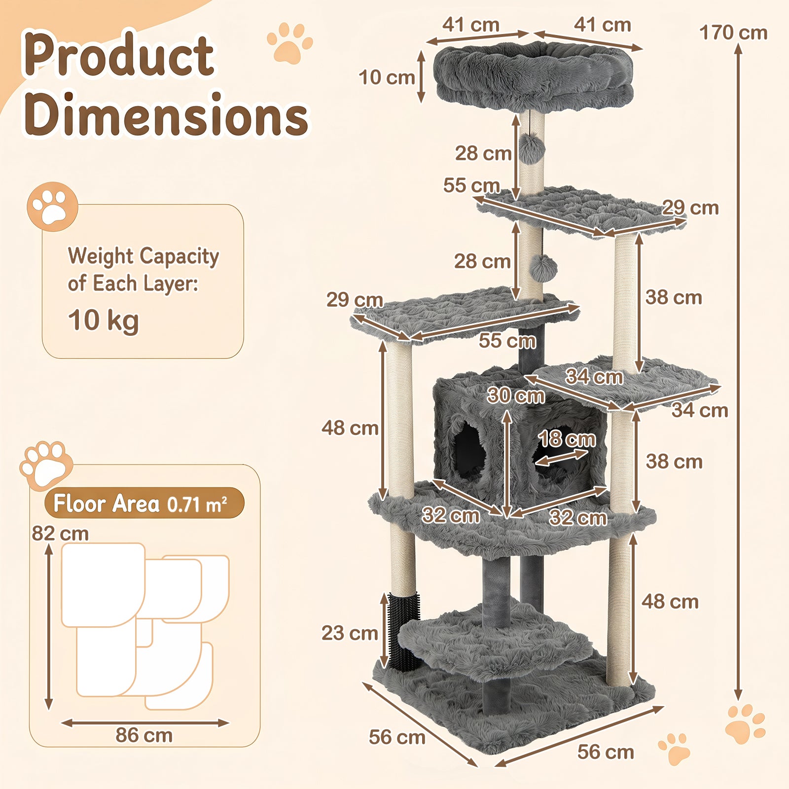 170cm Cat tree, Cat Scratching Post with Cat Cave