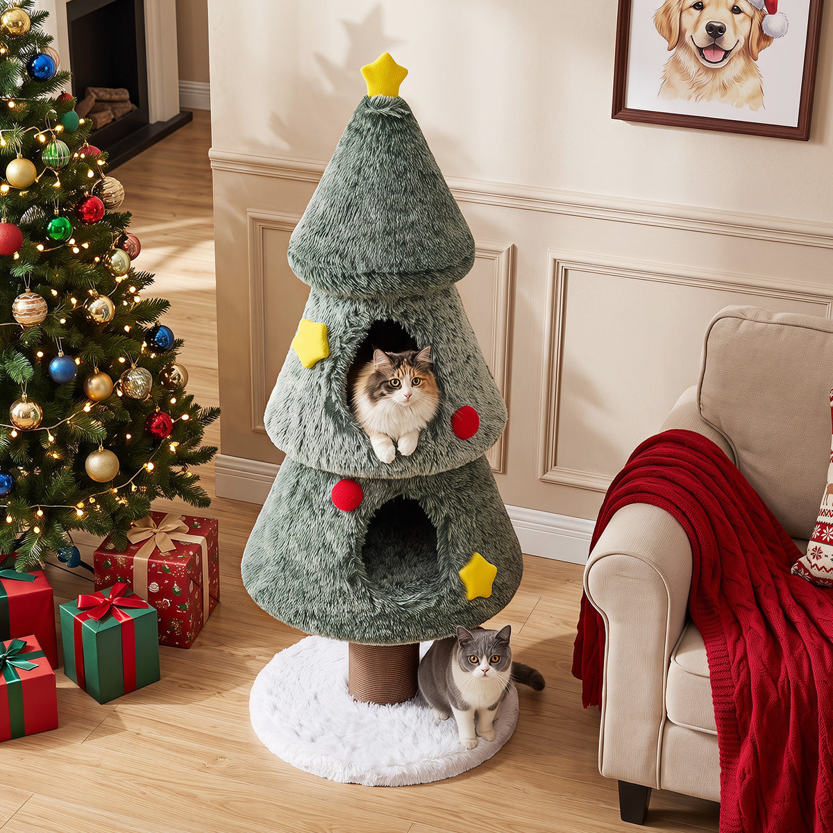 Christmas Cat Tree with 2 Condos for Indoor Cats