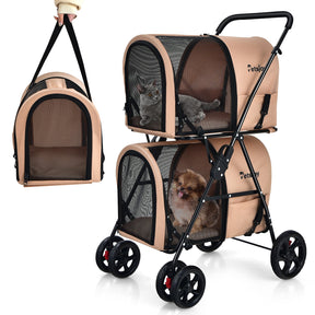 4-in-1 Double Layer Pet Stroller, Foldable Cat Dog Stroller on Wheels