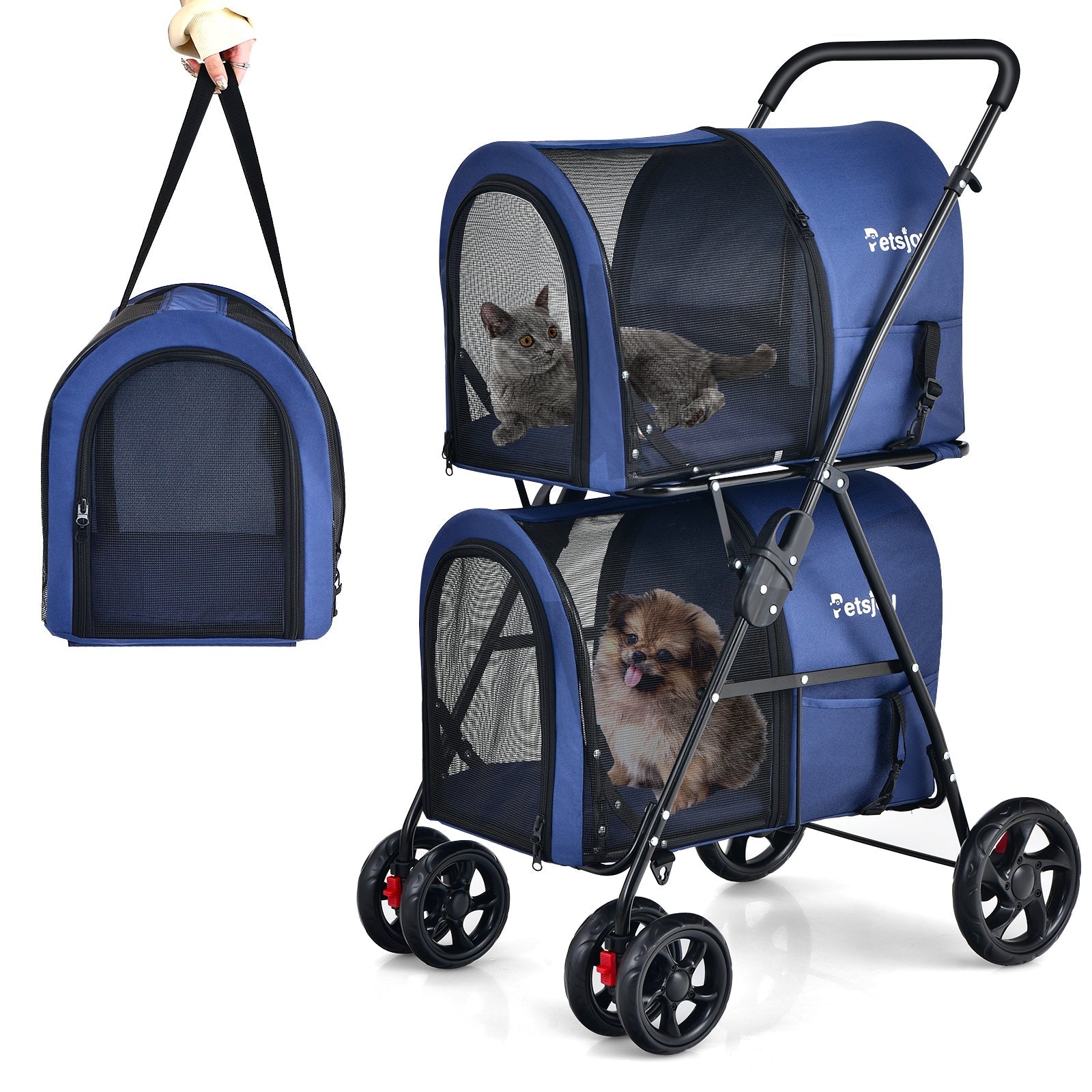 4-in-1 Double Layer Pet Stroller, Foldable Cat Dog Stroller on Wheels