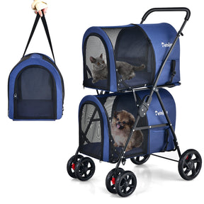 4-in-1 Double Layer Pet Stroller, Foldable Cat Dog Stroller on Wheels