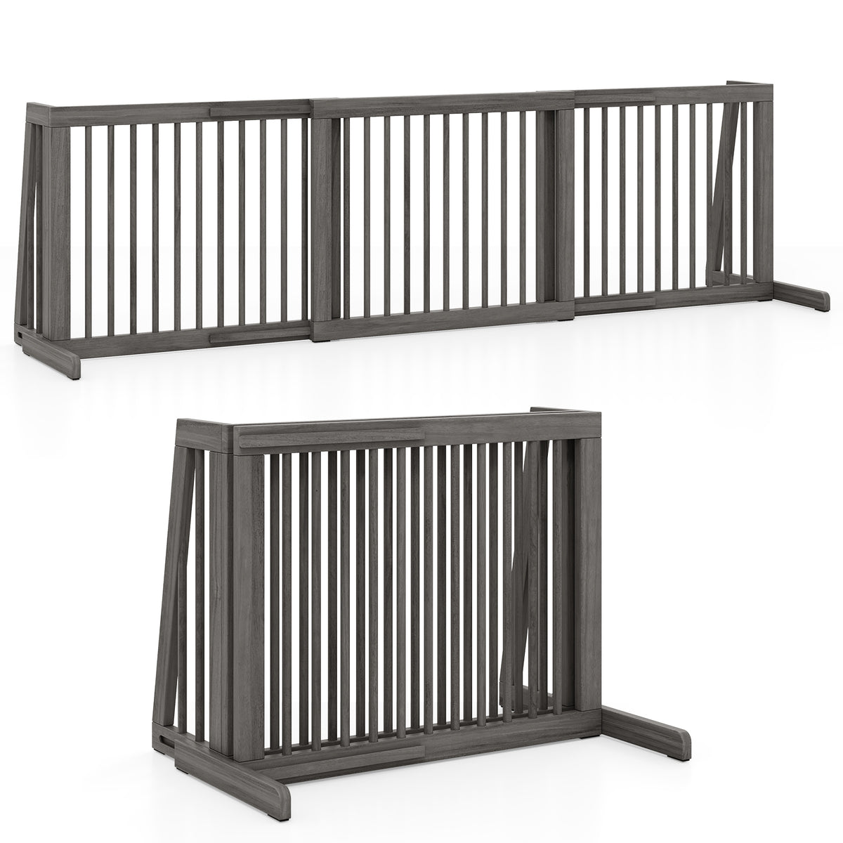 3-Panel Freestanding Wood Pet Dog Gate, Folding Adjustable Slide Safety Fence