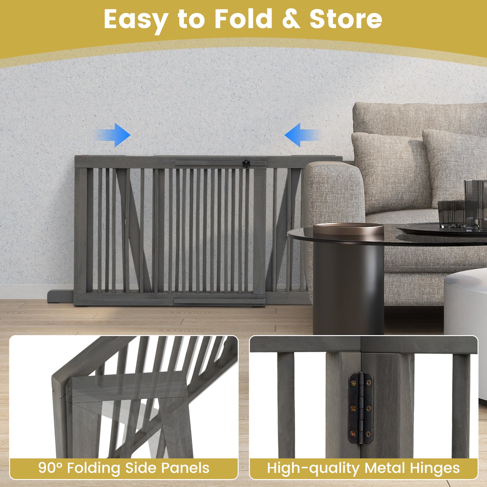 3-Panel Freestanding Wood Pet Dog Gate, Folding Adjustable Slide Safety Fence