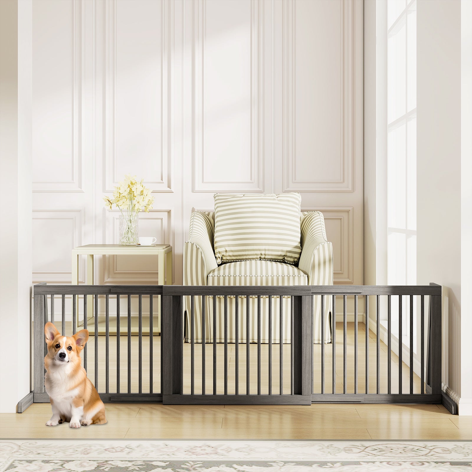 3-Panel Freestanding Wood Pet Dog Gate, Folding Adjustable Slide Safety Fence