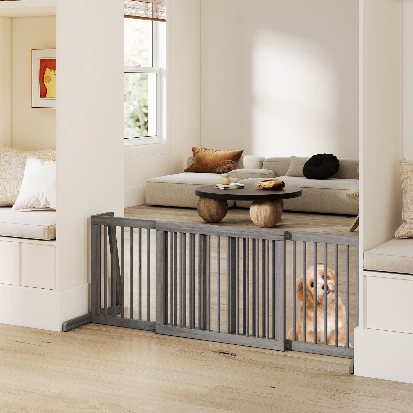 3-Panel Freestanding Wood Pet Dog Gate, Folding Adjustable Slide Safety Fence