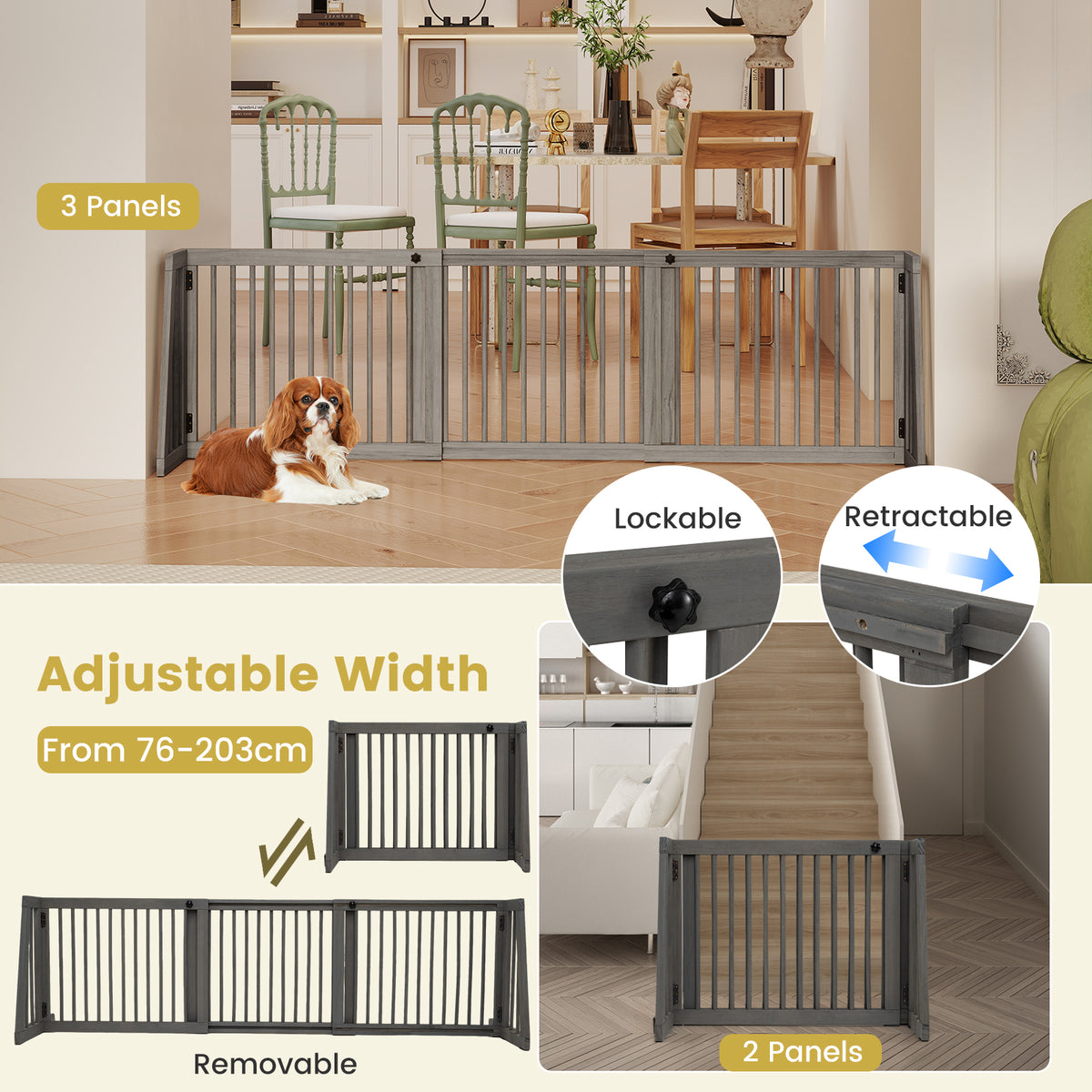 3-Panel Freestanding Wood Pet Dog Gate, Folding Adjustable Slide Safety Fence