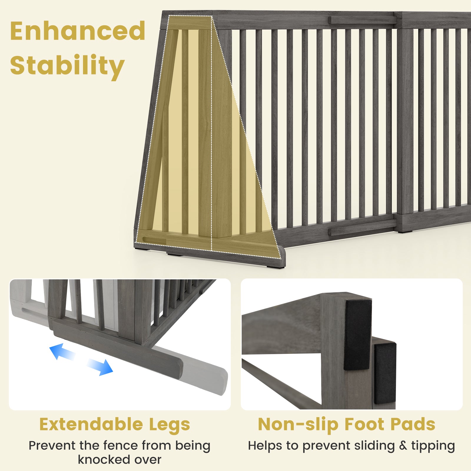 3-Panel Freestanding Wood Pet Dog Gate, Folding Adjustable Slide Safety Fence