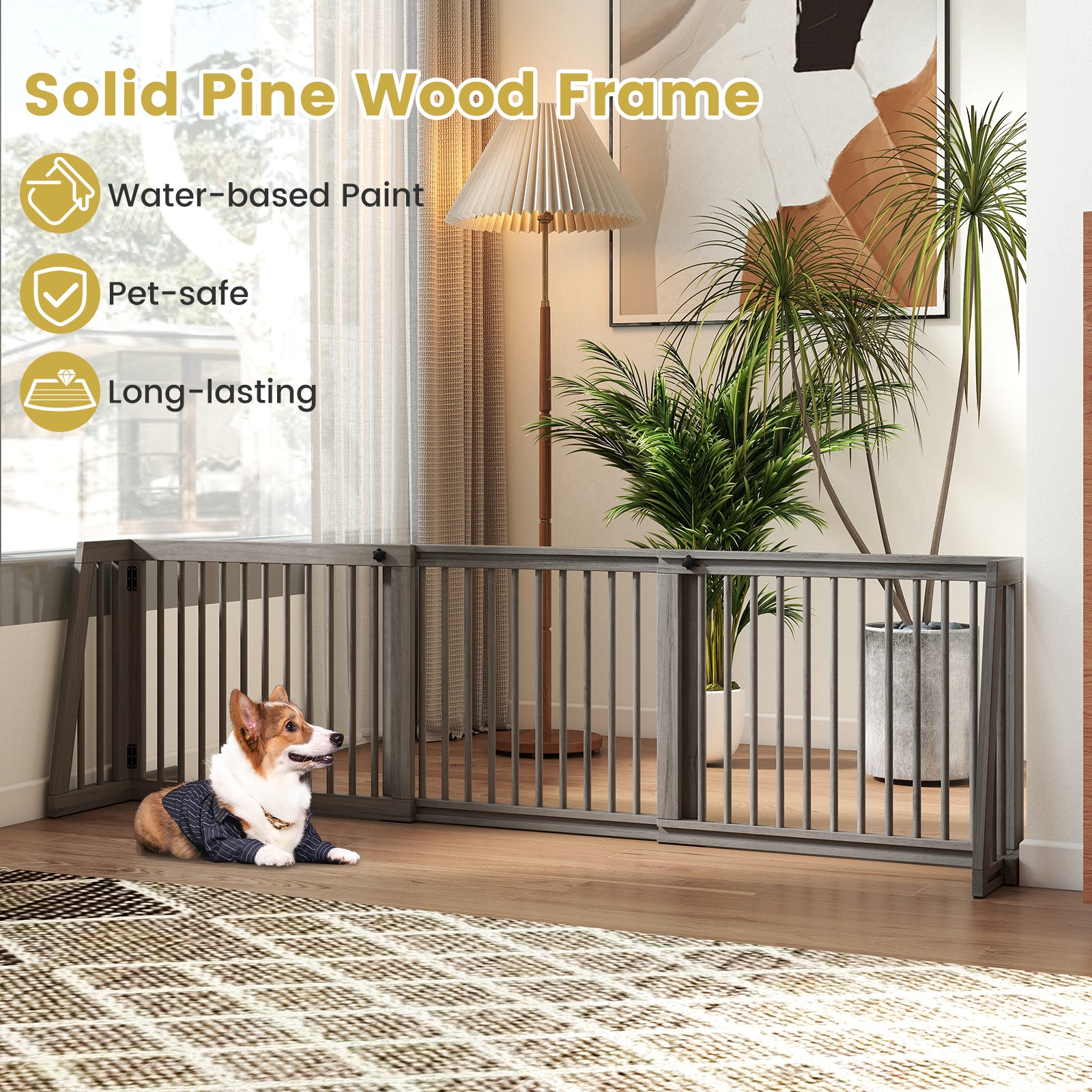 3-Panel Freestanding Wood Pet Dog Gate, Folding Adjustable Slide Safety Fence