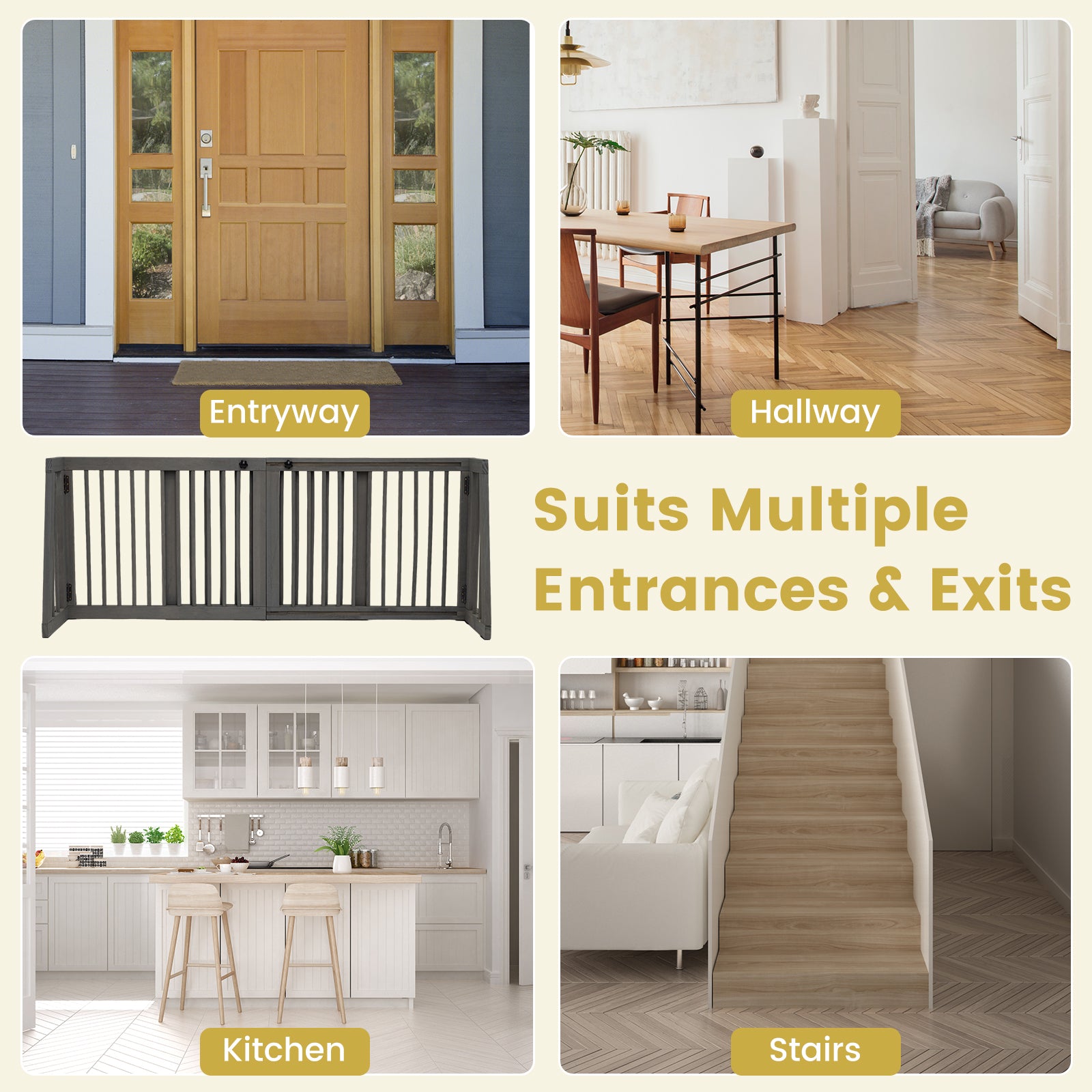 3-Panel Freestanding Wood Pet Dog Gate, Folding Adjustable Slide Safety Fence