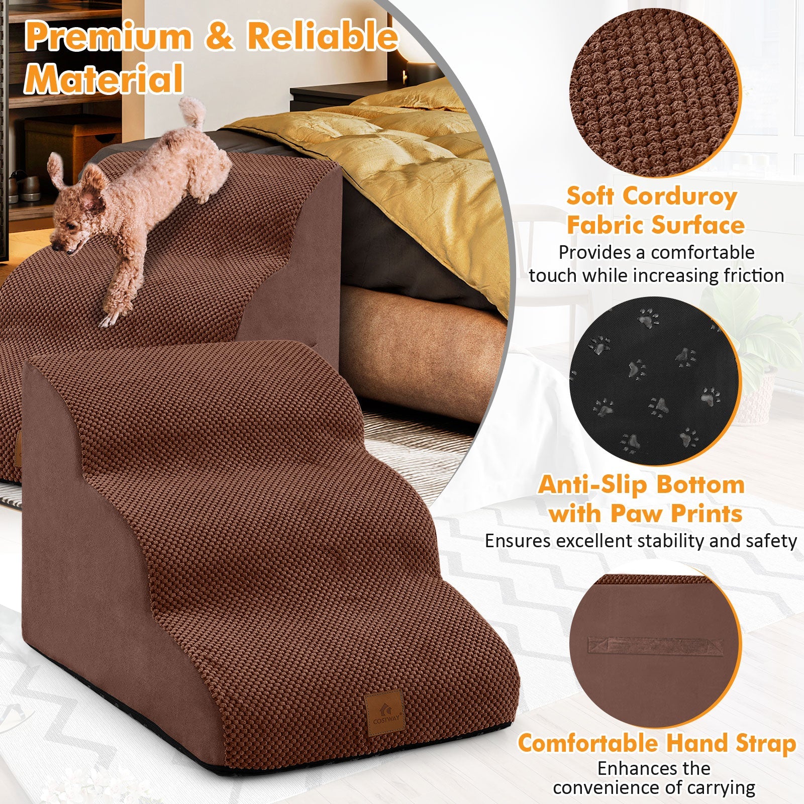 3-Step Pet Stairs/Ramp with Storage Bag & Hand Strap