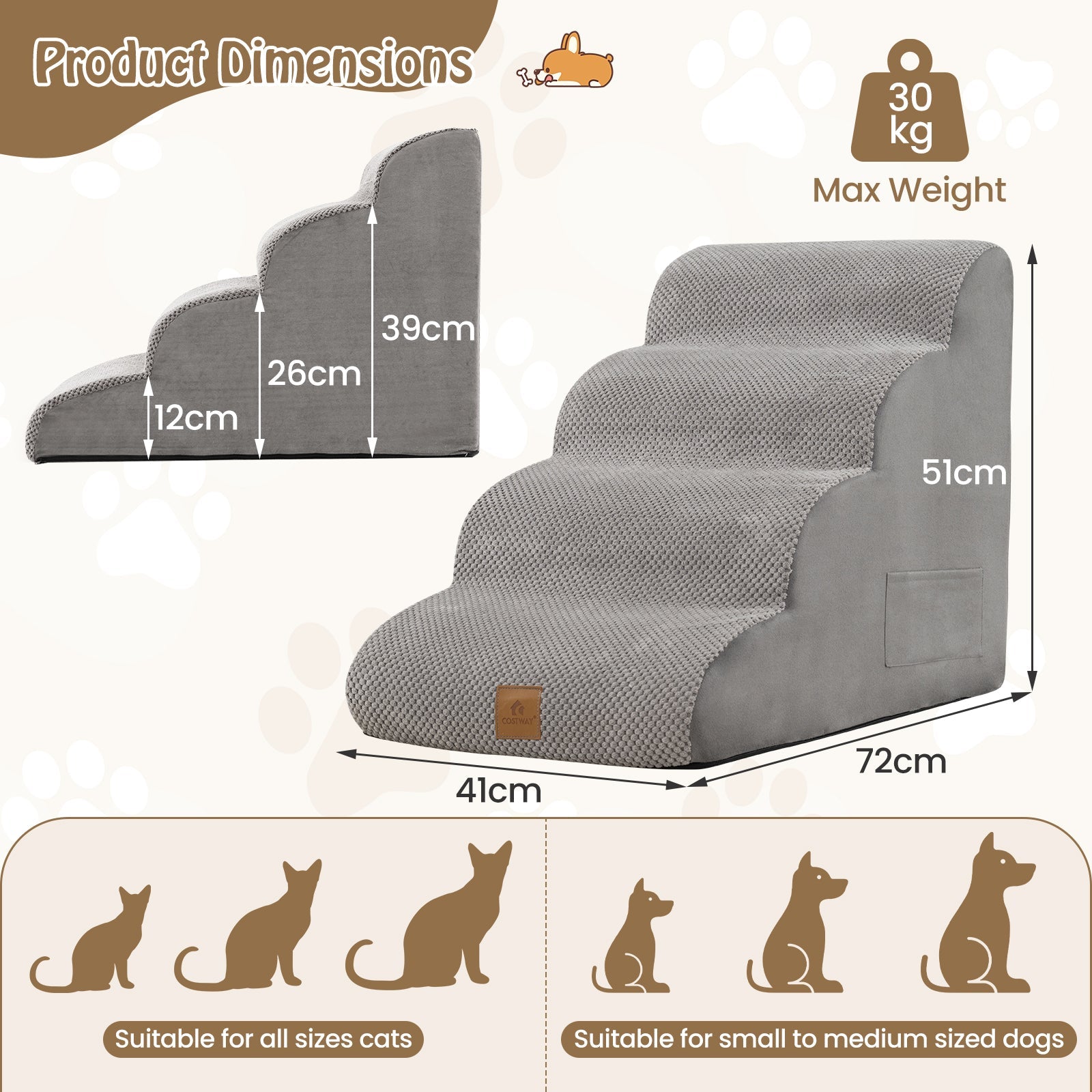 4-Step Pet Stairs/Ramp with Storage Pocket & Handle