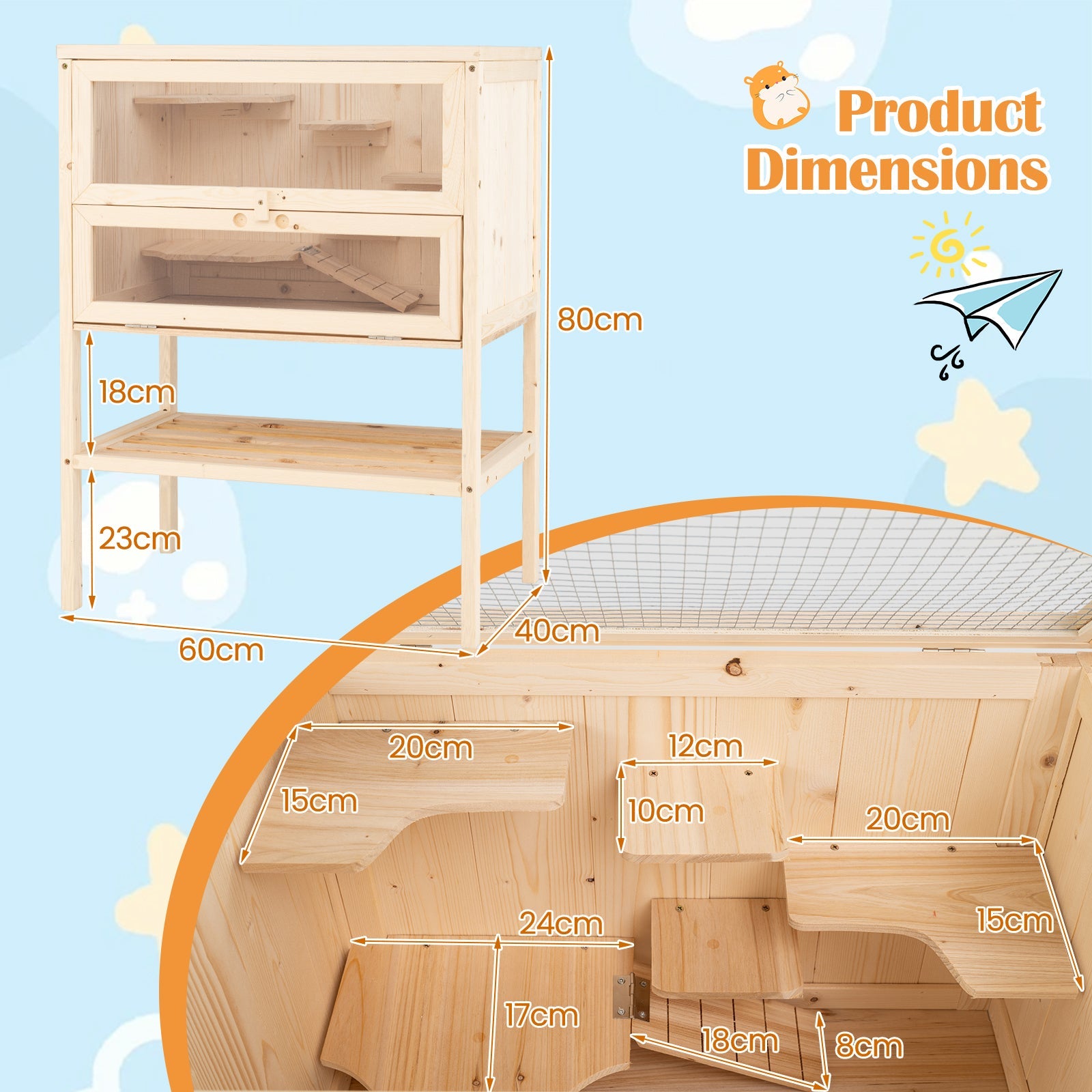 80 cm Freestanding Hamster Cage, Wooden Hamster Habitat Playpen