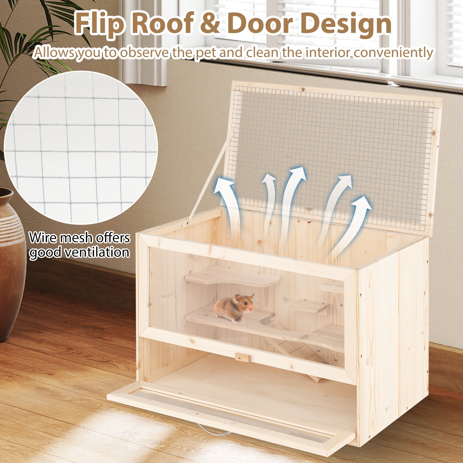 Wooden Hamster Cage, Hamster Habitat Playpen w/Mesh Flip Roof